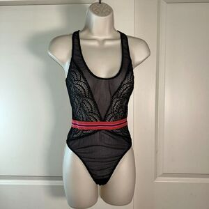 🟢 Victoria’s Secret Size S Black Lace Bodysuit — Sheer Mesh Racerback Style